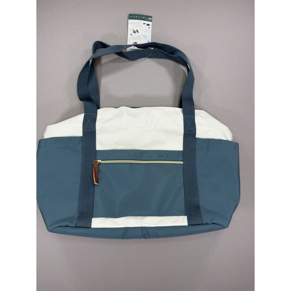 ECOHUB Tote‎ Bag Women Blue Beige Pockets Recycle Medium Canvas Travel Zip Work